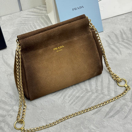PRADA 25S ENCHAINE MINI BAG 22 IN CARAMEL BROWN SUEDE GOLD HARDWARE