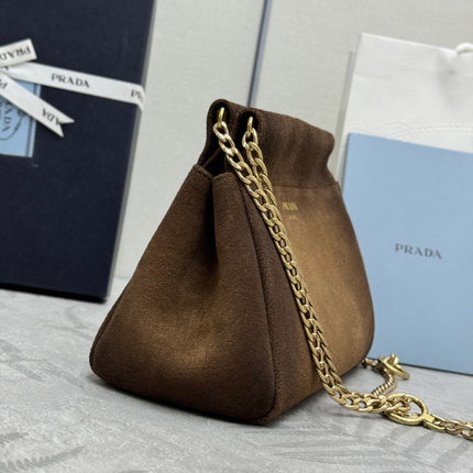 PRADA 25S ENCHAINE MINI BAG 22 IN CARAMEL BROWN SUEDE GOLD HARDWARE