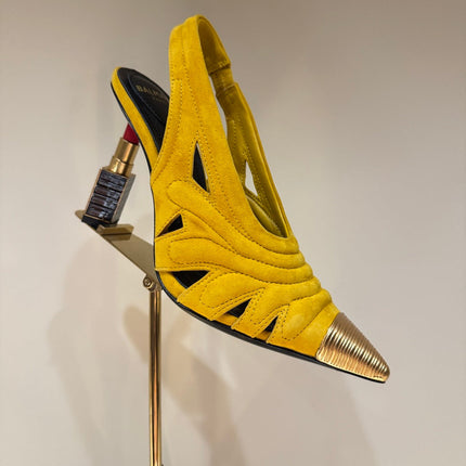 BALMAIN 26S SLINGBACK HEELS 100 MM IN SUNFLOWER YELLOW SUEDE