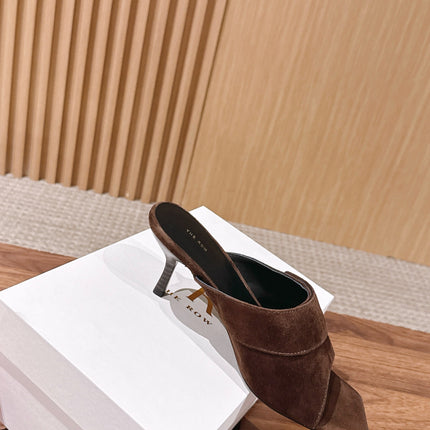 THE ROW 26S BUTTON DETAIL MULE SANDALS IN BROWN SUEDE