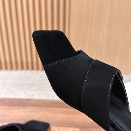 THE ROW 26S BUTTON DETAIL MULE SANDALS IN BLACK SUEDE