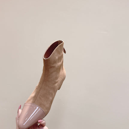 ALAIA 26S ANKLE BOOTS IN DARK BEIGE SUEDE AND GLOSSY CALFSKIN