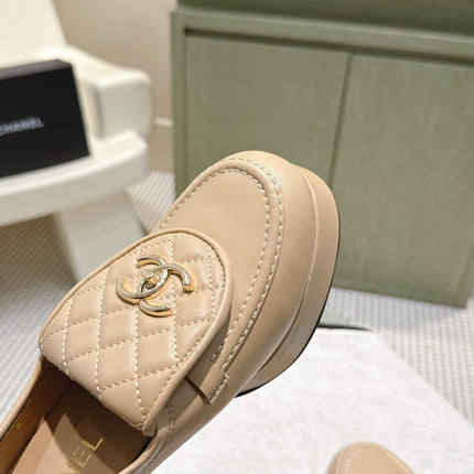 CHANEL 25S HIGH-HEELED MOCCASINS 80MM IN LIGHT TAN CALFSKIN GOLD HARDWARE