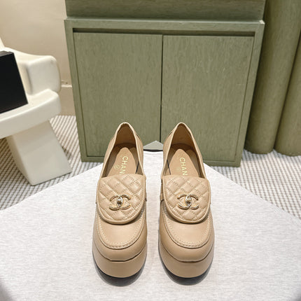 CHANEL 25S HIGH-HEELED MOCCASINS 80MM IN LIGHT TAN CALFSKIN GOLD HARDWARE
