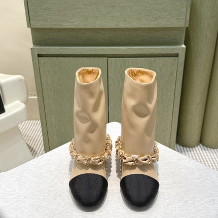 CHANEL 25S CALF-LENGTH BOOTS 45MM IN BEIGE AND BLACK CALFSKIN GOLD HARDWARE
