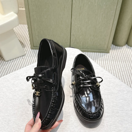 CELINE 26S LACE-UP LOAFERS IN BLACK GLOSSY CALFSKIN