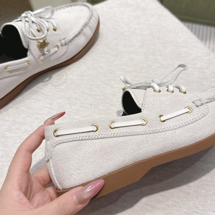 CELINE 26S LACE-UP LOAFERS IN OFF-WHITE BEIGE SUEDE