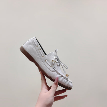 CELINE 26S LACE-UP LOAFERS IN OFF-WHITE BEIGE SUEDE