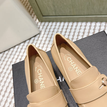 CHANEL 25S GODDESS MOCCASIN LOAFERS 65MM IN WARM BEIGE CALFSKIN GOLD HARDWARE