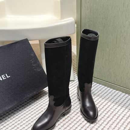 CHANEL 25S KNEE-HIGH BOOTS IN BLACK SUEDE AND CALFSKIN