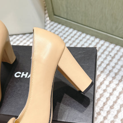 CHANEL 25S SLINGBACK SHOES 90MM IN BEIGE CALFSKIN SQUARE TOE GOLD HARDWARE