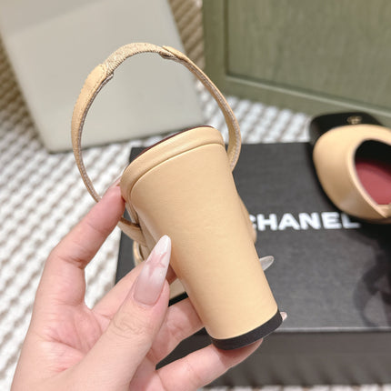 CHANEL 25S HIGH-HEELED SQUARE-TOE SLINGBACK 90MM IN DARK BEIGE AND BLACK CALFSKIN