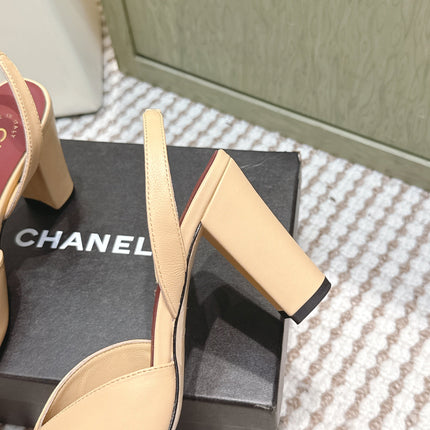 CHANEL 25S HIGH-HEELED SQUARE-TOE SLINGBACK 90MM IN DARK BEIGE AND BLACK CALFSKIN