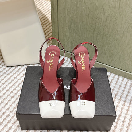 CHANEL 25S HIGH-HEELED SQUARE-TOE SLINGBACK 90MM IN DARK RED AND WHITE CALFSKIN