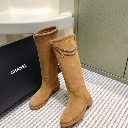 CHANEL 25S KNEE-HIGH BOOTS IN CARAMEL SUEDE GOLD HARDWARE