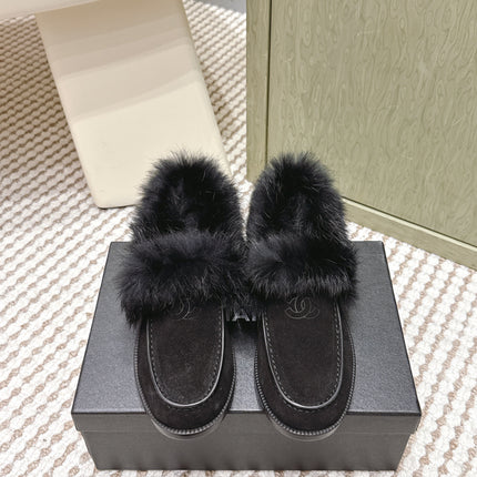 CHANEL 25S LOAFERS MOCCASIN IN BLACK SUEDE WITH MINK FUR LINING
