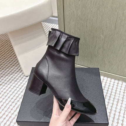 CHANEL 25S ANKLE BOOTS IN BLACK CALFSKIN GLOSSY TOE RUCHED