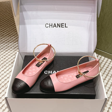 CHANEL 25S BALLERINA SHOES IN PINK AND BLACK CALFSKIN GOLD HARDWARE