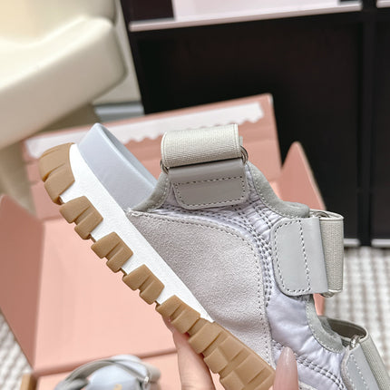 MIUMIU 26S VELCRO SANDALS IN GRAY CALFSKIN AND NYLON SILVER HARDWARE
