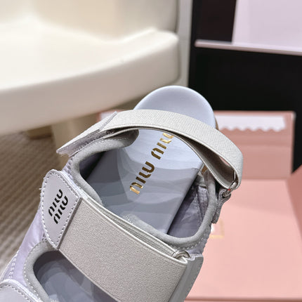 MIUMIU 26S VELCRO SANDALS IN GRAY CALFSKIN AND NYLON SILVER HARDWARE
