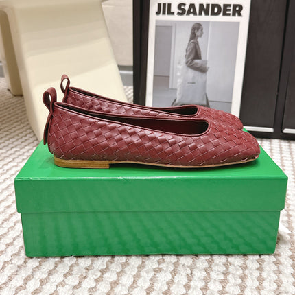 BOTTEGA VENETA 26S SQUARE-TOE FLATS IN RED TECHNICAL WOVEN LAMBSKIN