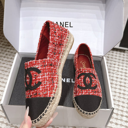 CHANEL 26S SLIP ONS IN RED MIX BLACK TWEED AND PATENT CALFSKIN