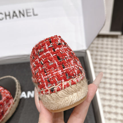 CHANEL 26S SLIP ONS IN RED MIX BLACK TWEED AND PATENT CALFSKIN