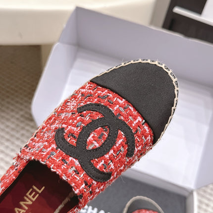 CHANEL 26S SLIP ONS IN RED MIX BLACK TWEED AND PATENT CALFSKIN