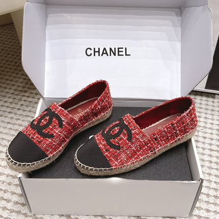 CHANEL 26S SLIP ONS IN RED MIX BLACK TWEED AND PATENT CALFSKIN