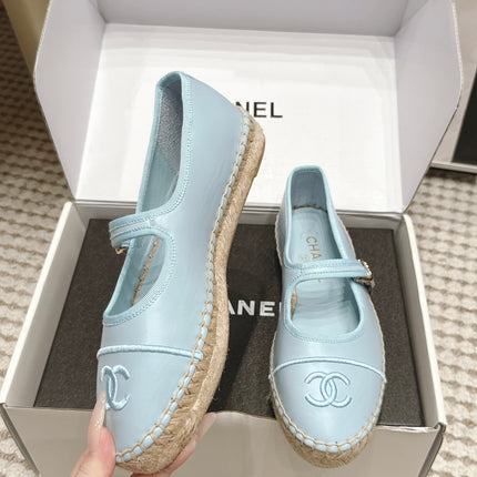 CHANEL 26S MARY JANE FLATS IN LIGHT BLUE LAMBSKIN ESPADRILLE SOLE