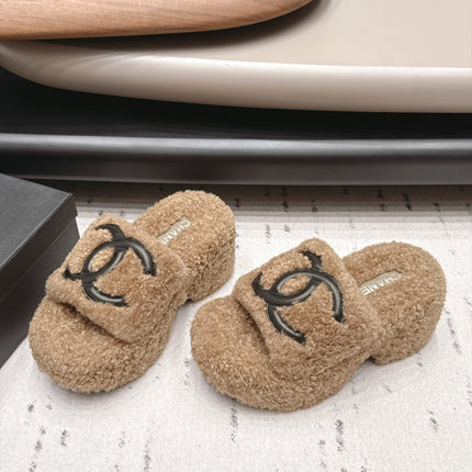 CHANEL 26S HIGH HEEL MULES IN BEIGE BLACK SHEARLING