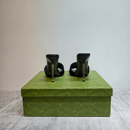 GUCCI 26S MULE SANDALS 110MM IN BLACK VELVET GG EMBOSSED