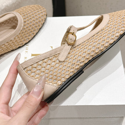 THE ROW 26S MARY JANE FLATS IN BEIGE CALFSKIN AND MESH