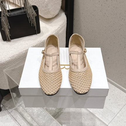 THE ROW 26S MARY JANE FLATS IN BEIGE CALFSKIN AND MESH