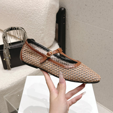 THE ROW 26S MARY JANE FLATS IN LIGHT BROWN CALFSKIN AND MESH