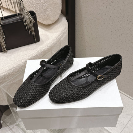 THE ROW 26S MARY JANE FLATS IN BLACK CALFSKIN AND MESH