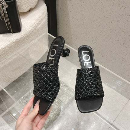 LOEWE 26S WOVEN HEEL SANDALS 50 MM IN BLACK LAMBSKIN