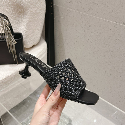 LOEWE 26S WOVEN HEEL SANDALS 50 MM IN BLACK LAMBSKIN