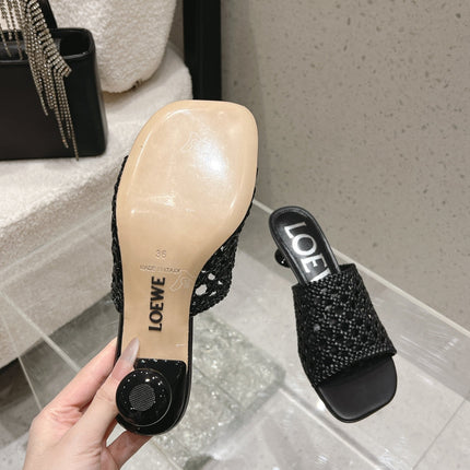 LOEWE 26S WOVEN HEEL SANDALS 50 MM IN BLACK LAMBSKIN