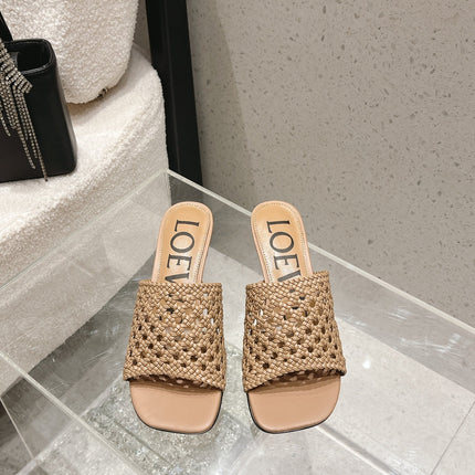 LOEWE 26S WOVEN HEEL SANDALS 50 MM IN DARK BEIGE LAMBSKIN