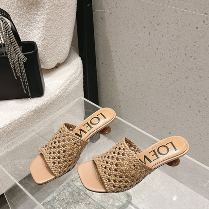 LOEWE 26S WOVEN HEEL SANDALS 50 MM IN DARK BEIGE LAMBSKIN
