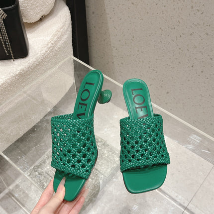 LOEWE 26S WOVEN HEEL SANDALS 50 MM IN GREEN LAMBSKIN