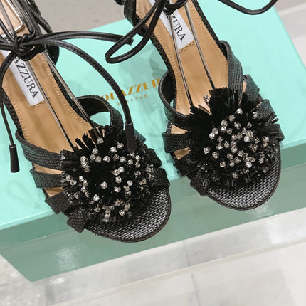 AQUAZZURA 26S HIGH-HEEL SANDALS 100 MM IN BLACK WOVEN RAFFIA