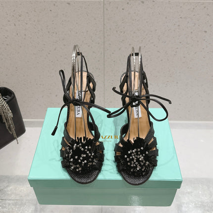 AQUAZZURA 26S HIGH-HEEL SANDALS 100 MM IN BLACK WOVEN RAFFIA
