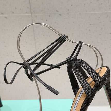 AQUAZZURA 26S HIGH-HEEL SANDALS 100 MM IN BLACK WOVEN RAFFIA