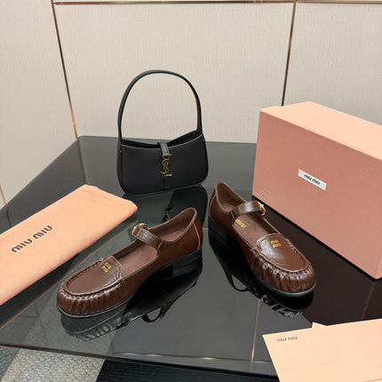 MIUMIU 25S LOAFERS WITH STRAP IN DARK BROWN LAMBSKIN
