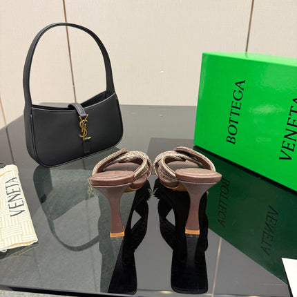 BOTTEGA VENETA 26S HEELED SANDALS 95 MM IN DARK BROWN CALFSKIN AND RAFFIA