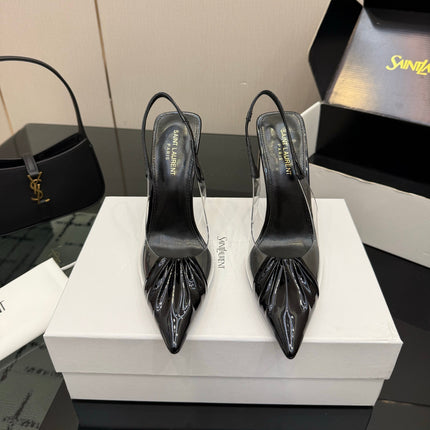 YSL 26S PLEATED SLINGBACK HEELS 105 MM IN BLACK GLOSSY CALFSKIN AND PVC