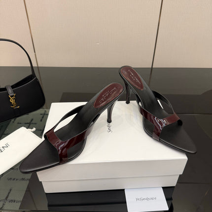 YSL 26S POINTED-TOE SANDALS 90 MM IN DARK RED AND BLACK CALFSKIN