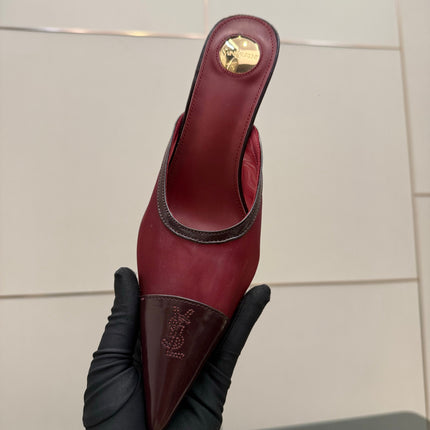 YSL 26S HIGH-HEEL MULES IN DARK RED CALFSKIN AND MESH FABRIC